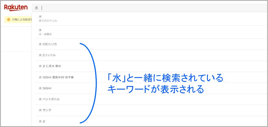 楽天サーチに表示されるサジェストキーワードの例