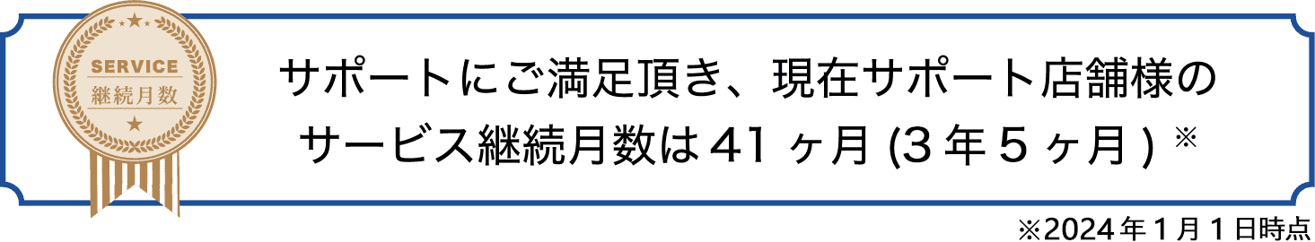 サポートにご満足頂き、現在サポート店舗様のサービス継続月数は41ヶ月（3年5ヶ月）